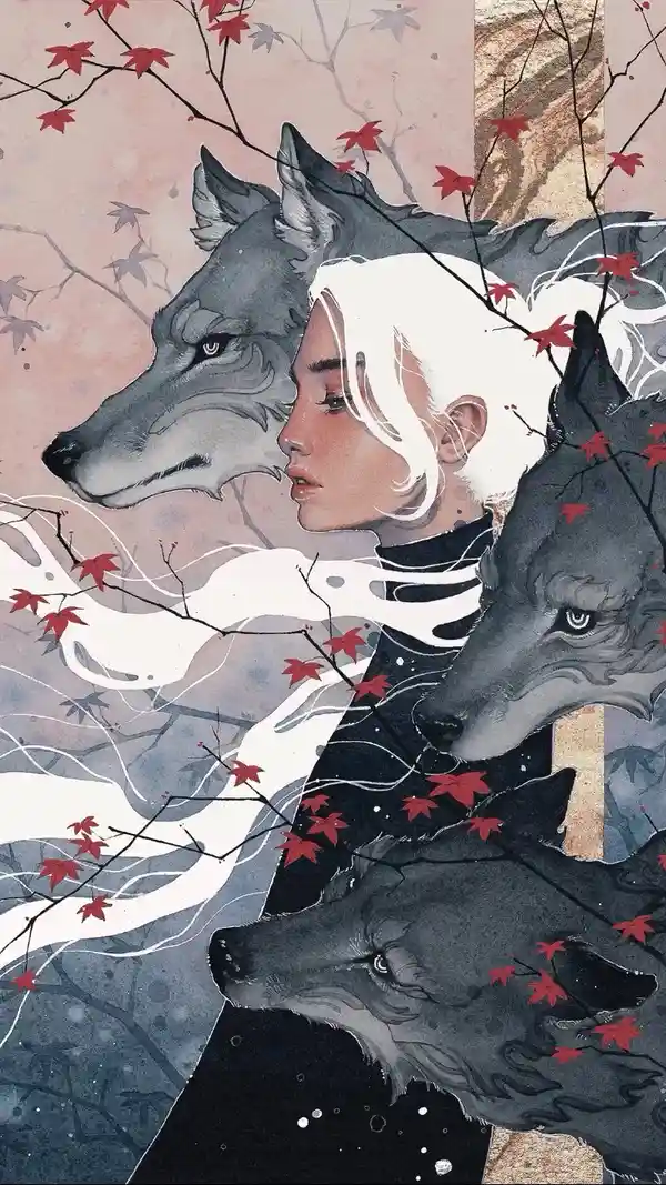 An artistic illustration shows a woman with white hair and a black turtleneck, flanked by three wolves whose heads appear to…