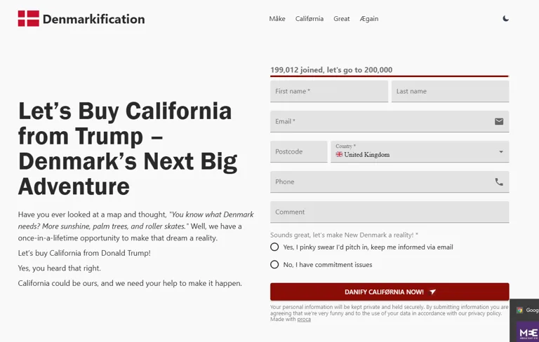 A screenshot of a fake online petition page titled 'Let's Buy California from Trump – Denmark's Next Big Adventure' with a…