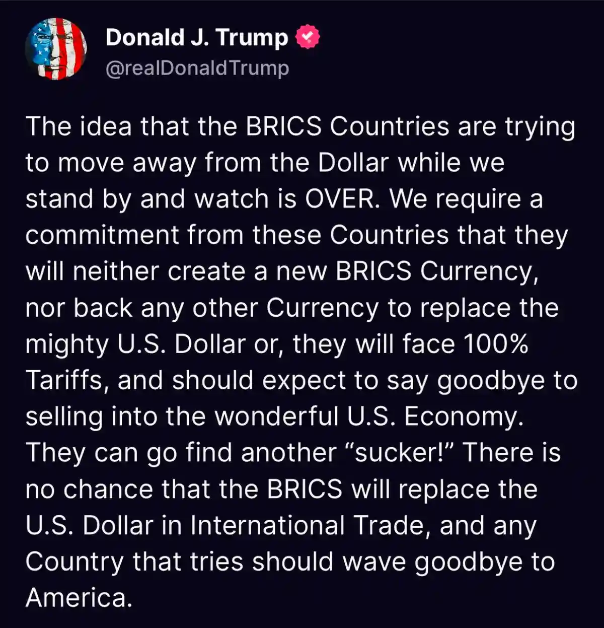 A screenshot of a tweet from Donald J. Trump's verified Twitter account, featuring his profile picture with an American flag…