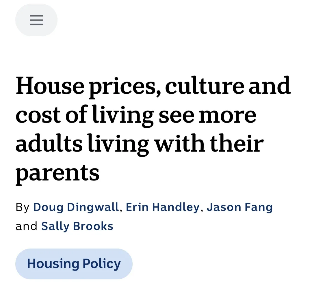 A screenshot of a news article headline that reads 'House prices, culture and cost of living see more adults living with…