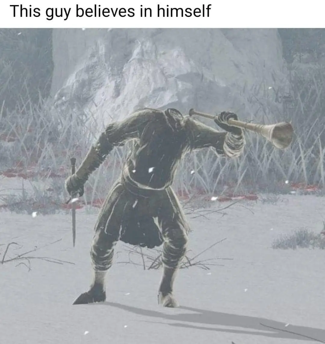 A snowy, desolate scene from a video game shows a hunched, armored figure holding a horn to their mouth and a dagger in…