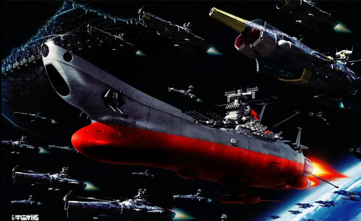 A dramatic space battle scene featuring a massive, red-and-gray battleship with a futuristic design, surrounded by numerous…