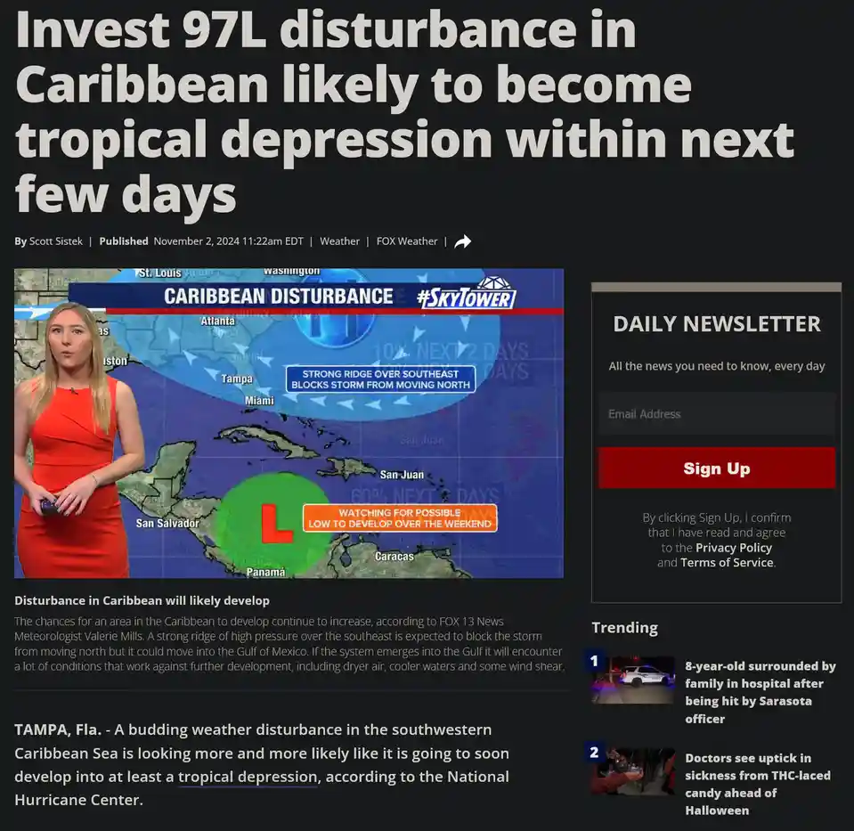 A screenshot of a FOX Weather news article with a headline about a Caribbean weather disturbance. The image shows a female…