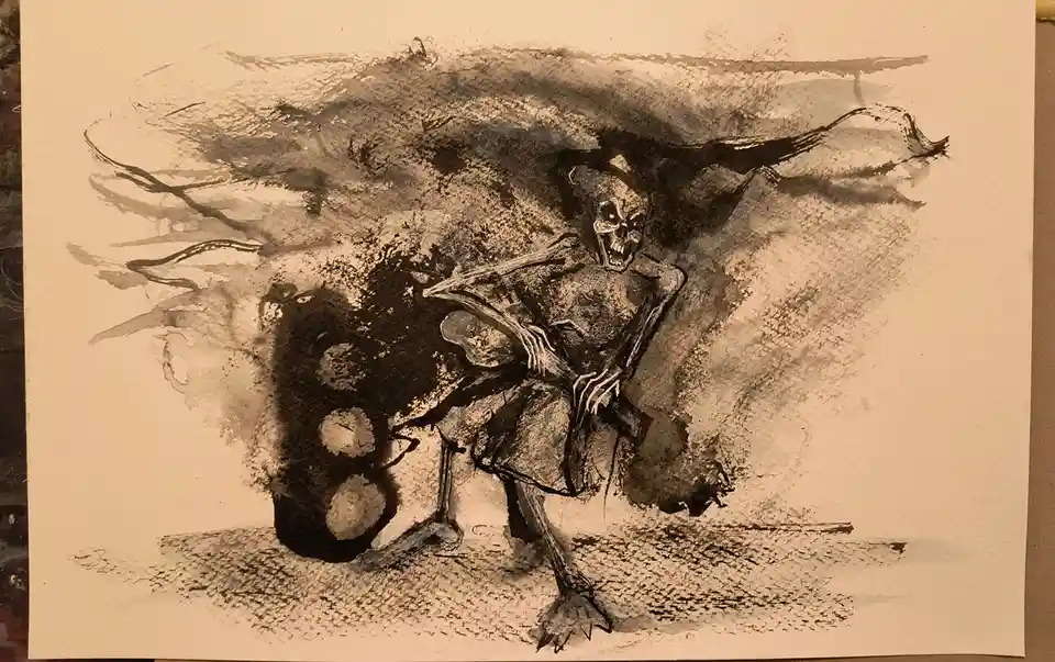 A sepia-toned ink drawing depicts a skeletal figure with a menacing expression, holding a large, dark, circular object…