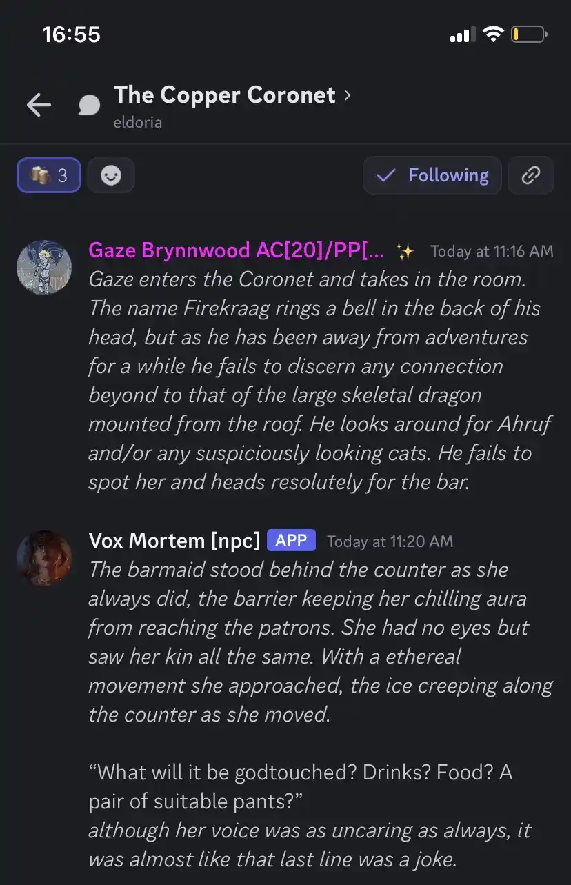 A screenshot of a Discord chat from 'The Copper Coronet' server shows a player named Gaze Brynnwood entering the bar and…