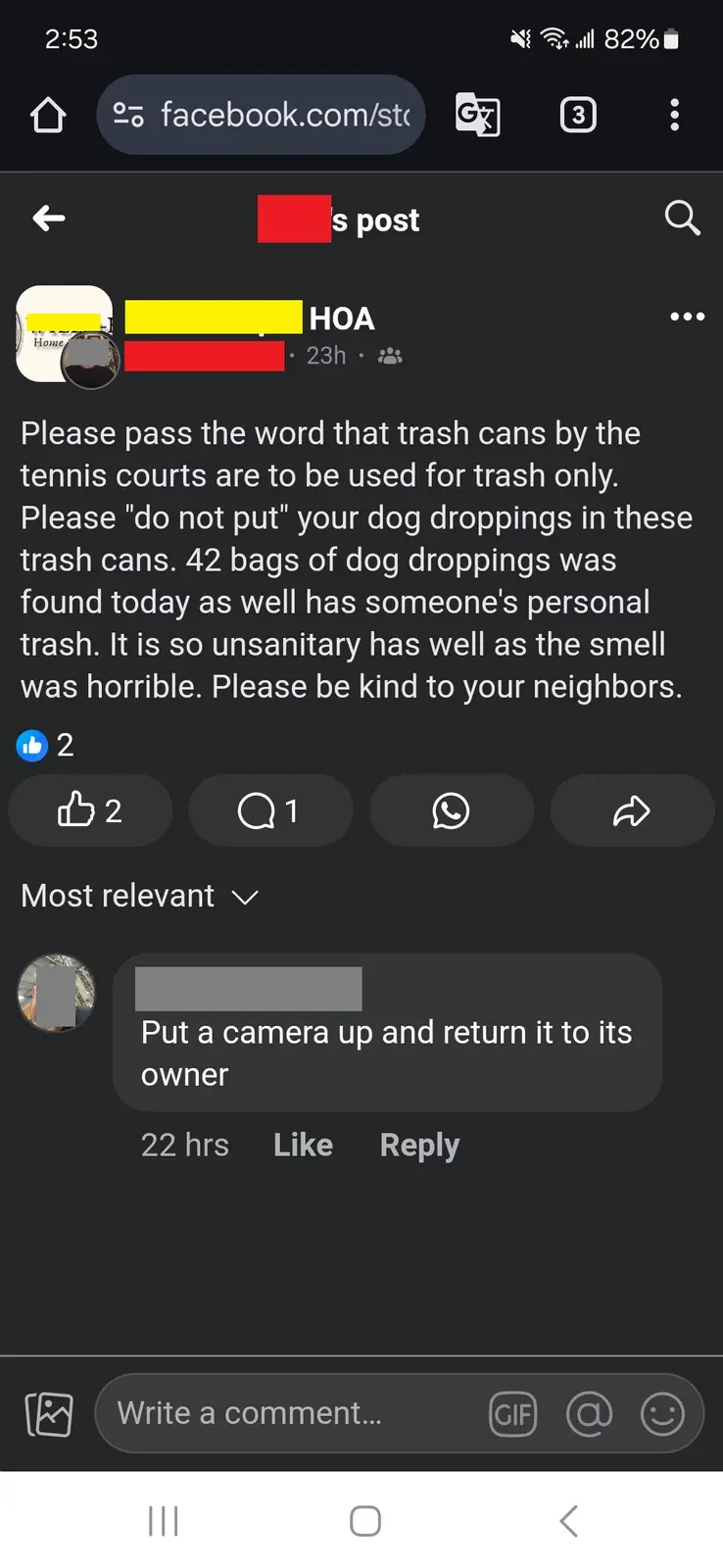 A screenshot of a Facebook post from a Homeowners Association (HOA) complaining about 42 bags of dog droppings and personal…
