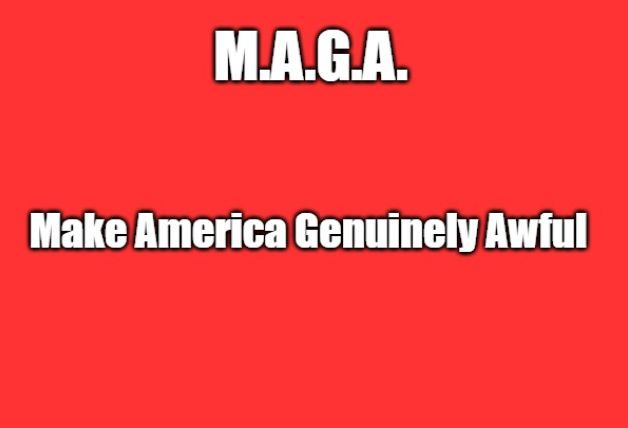 A solid red background with bold white text at the top reading 'M.A.G.A.' and below it, 'Make America Genuinely Awful'. The…