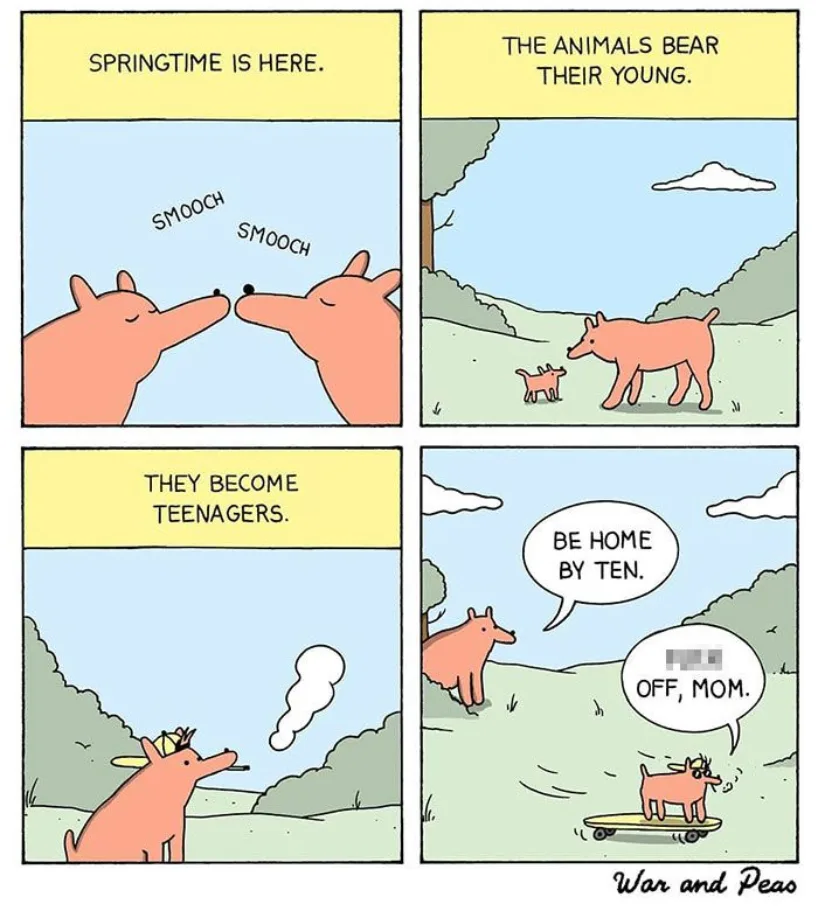 A four-panel comic strip by War and Peas shows pink cartoon animals. Panel 1: Two adults kiss with 'SMOOCH' text. Panel 2: A…