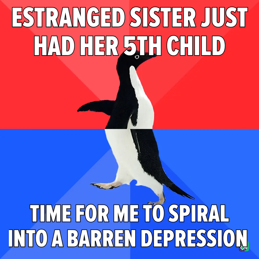 A penguin stands in a split red and blue background, with bold white text at the top reading 'ESTRANGED SISTER JUST HAD HER…