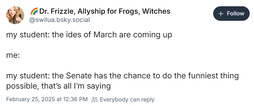 A screenshot of a social media post by 'Dr. Frizzle, Allyship for Frogs, Witches' showing a student's comment about 'the…