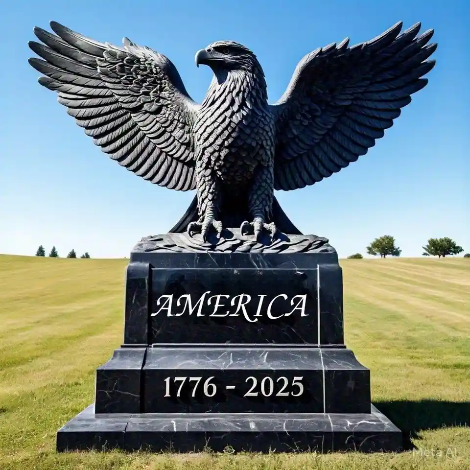 A large, dark-colored statue of a bald eagle with wings spread wide stands atop a black marble tombstone in a grassy field…