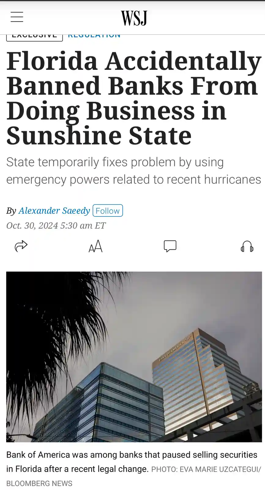 A screenshot of a Wall Street Journal article with a headline reading 'Florida Accidentally Banned Banks From Doing Business…