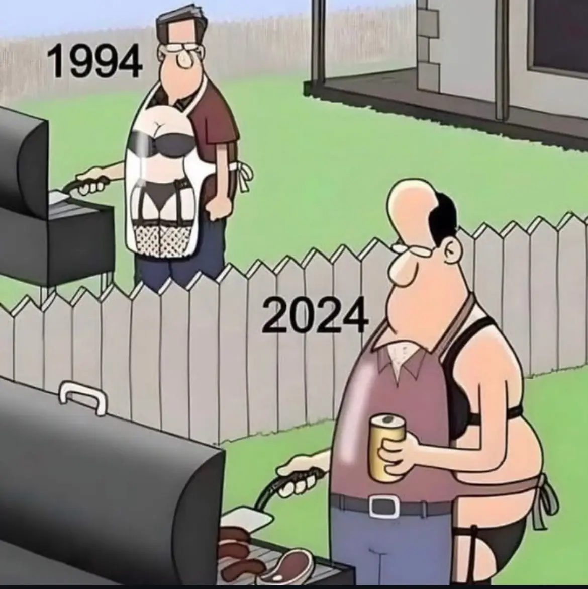 A cartoon depicts two side-by-side scenes of a man grilling outdoors, labeled '1994' and '2024'. In 1994, he wears a white…