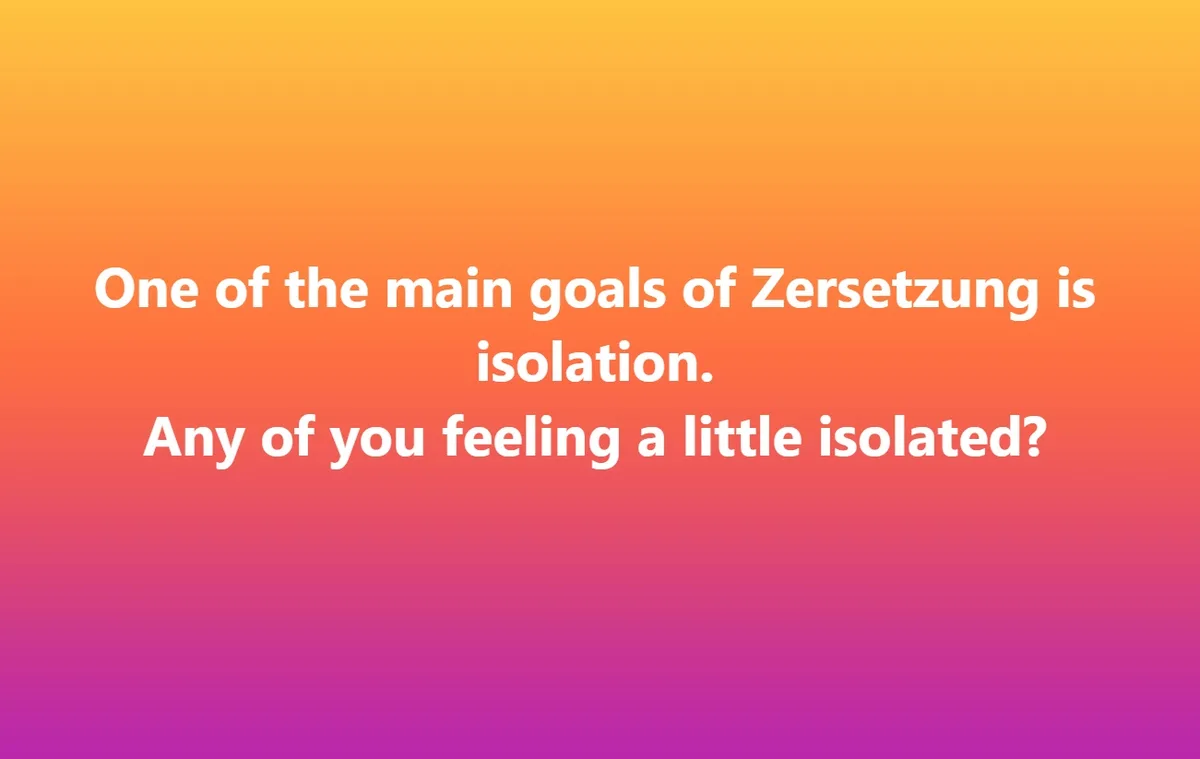 A gradient background transitioning from yellow to purple displays white text stating 'One of the main goals of Zersetzung…