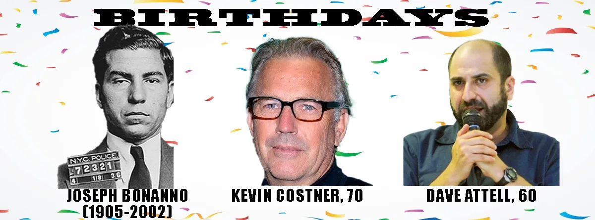 A birthday meme template with confetti background featuring three men: a black-and-white mugshot of Joseph Bonanno…