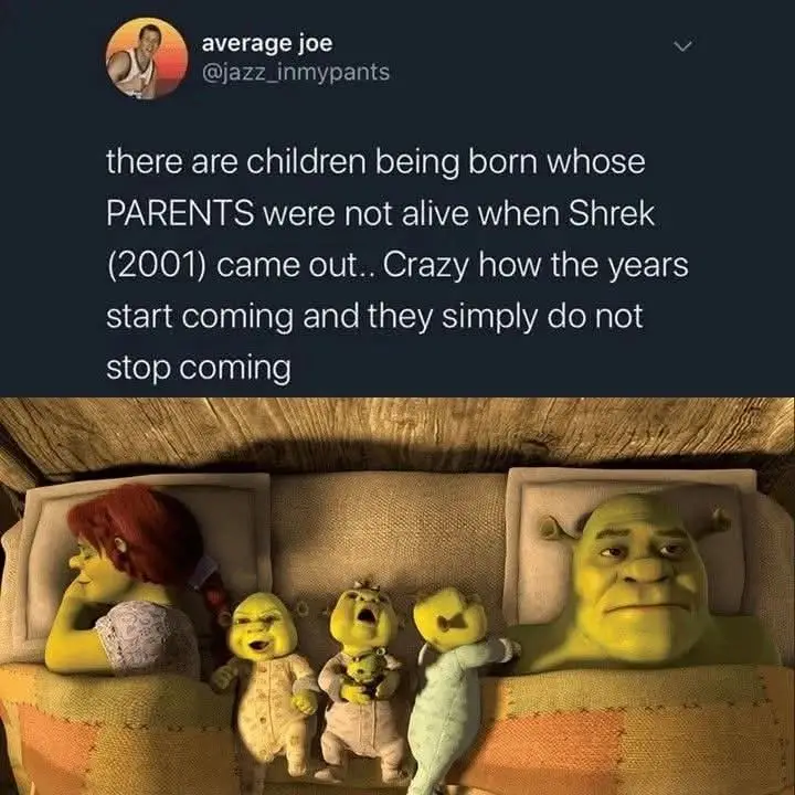 A screenshot of a tweet from 'average joe' (@jazz_inmypants) is overlaid on a still from the movie 'Shrek' showing Shrek and…