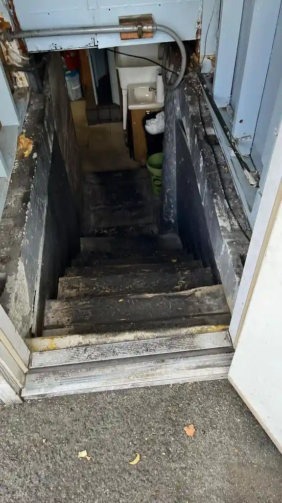 A downward view of a narrow, grimy, and poorly maintained staircase leading into a basement. The steps are dark, worn, and…