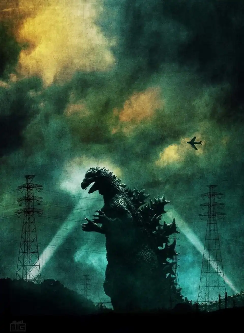 A dark, atmospheric image shows the giant monster Godzilla standing between two electricity pylons under a stormy sky with…