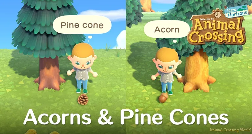 The image is split into two panels showing a character from Animal Crossing standing next to a pine tree on the left and an…
