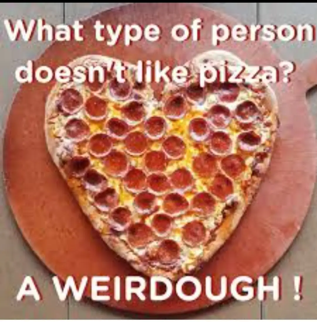 A heart-shaped pepperoni pizza sits on a wooden serving board. White text at the top asks, 'What type of person doesn't like…
