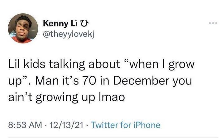 A screenshot of a Twitter post by user Kenny Lì with a profile picture of a young Black man. The tweet text reads: 'Lil kids…