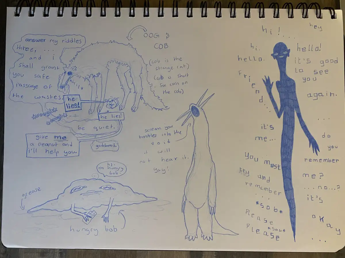 A hand-drawn blue ink sketch on spiral notebook paper shows four distinct cartoon characters with handwritten dialogue. On…
