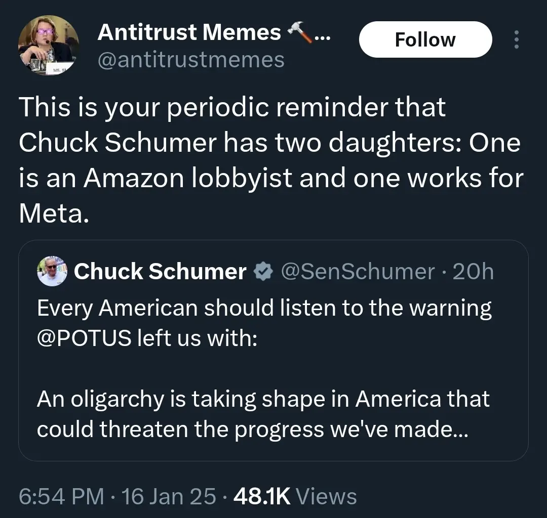 A screenshot of a Twitter post from 'Antitrust Memes' that reads 'This is your periodic reminder that Chuck Schumer has two…