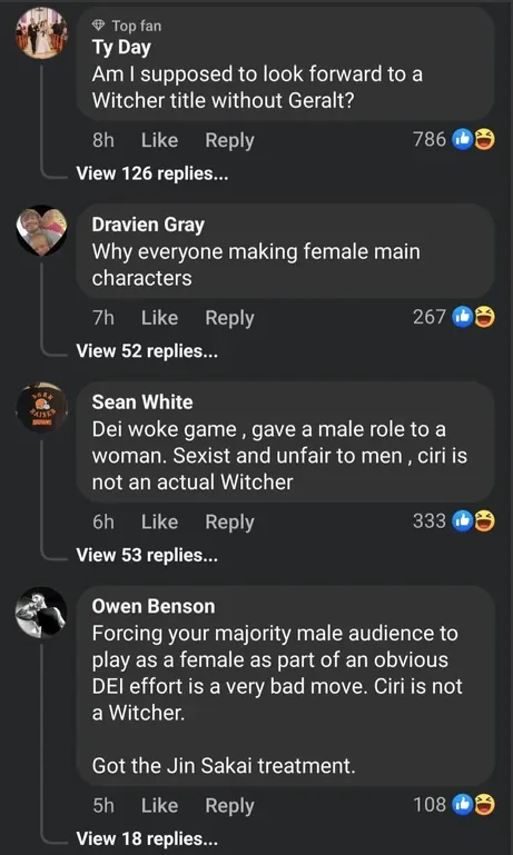 A screenshot of a social media comment thread where users discuss the Witcher game's casting of Ciri as a Witcher. One user…