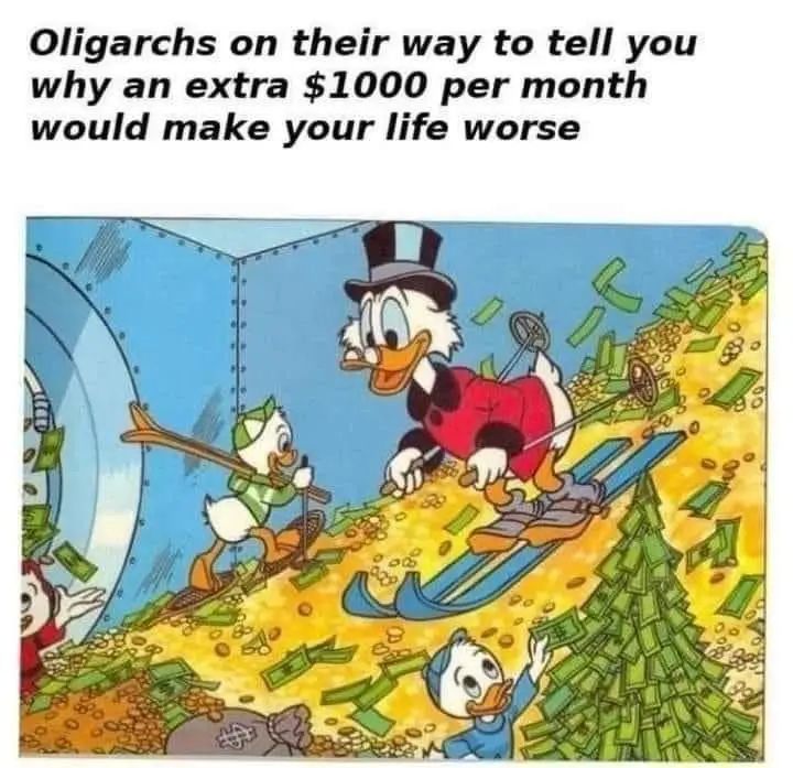 A cartoon image shows Scrooge McDuck skiing down a hill made of gold coins and dollar bills, with his nephews Huey and Dewey…