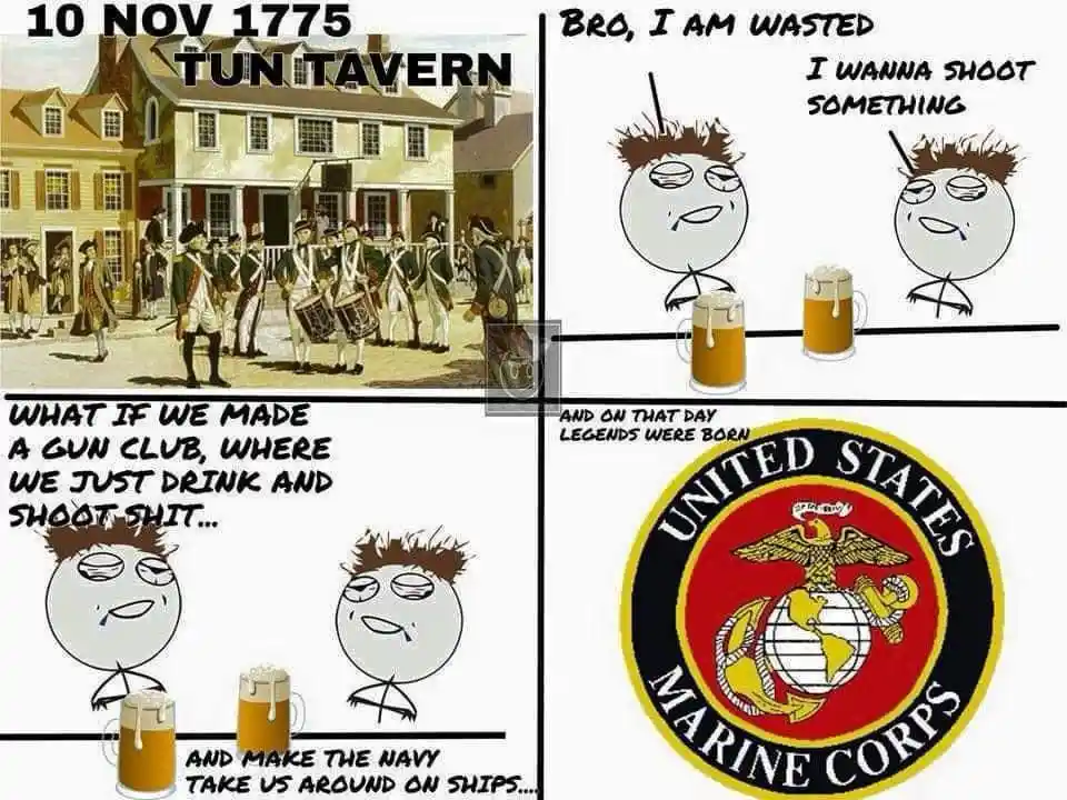 A four-panel meme juxtaposes a historical painting of the 1775 Tun Tavern meeting with stick-figure characters drunk at a…