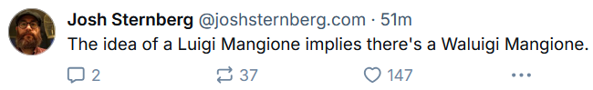 A screenshot of a tweet from Josh Sternberg showing his profile picture and the text 'The idea of a Luigi Mangione implies…