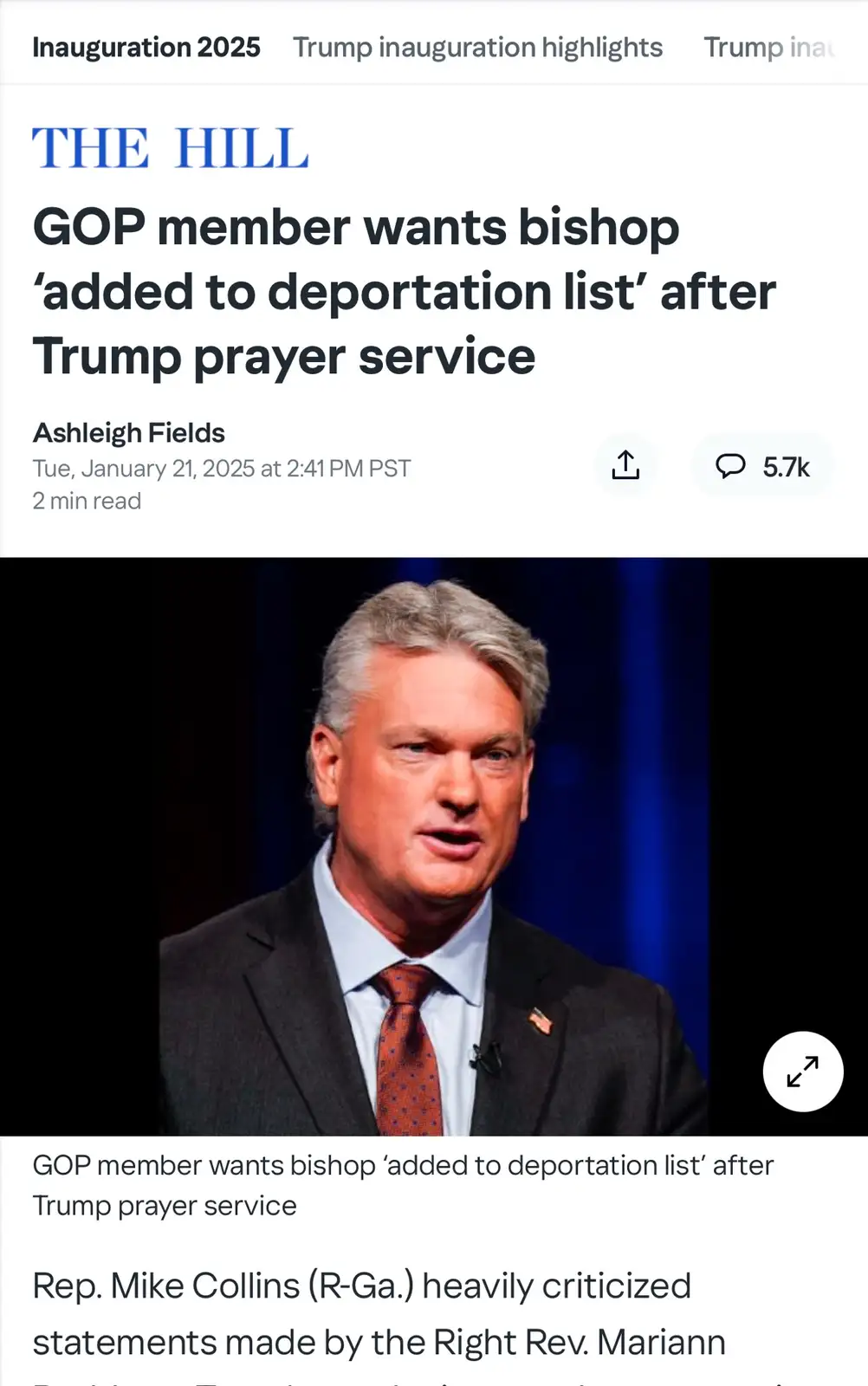 The image shows a screenshot of a news article from 'THE HILL' dated January 21, 2025, featuring a photo of Rep. Mike…