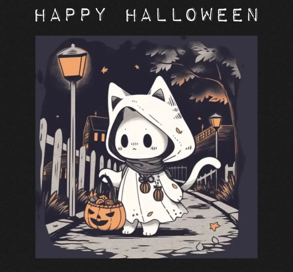 A cartoon cat dressed in a white ghost costume with a hood and scarf, holding a pumpkin-shaped trick-or-treat basket filled…