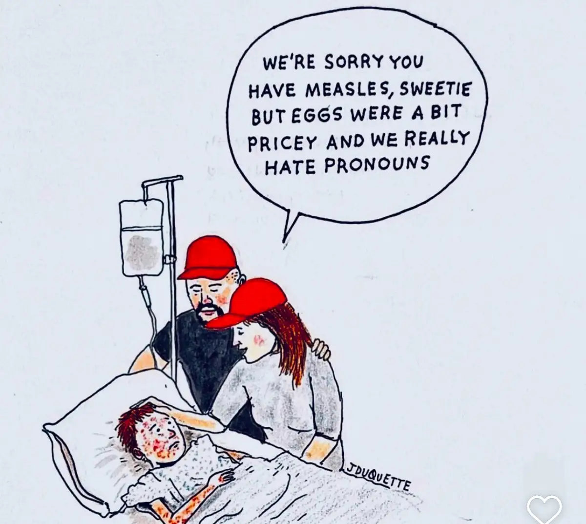 A cartoon depicts two adults in red caps sitting beside a sick child in a hospital bed with measles, an IV drip nearby. The…