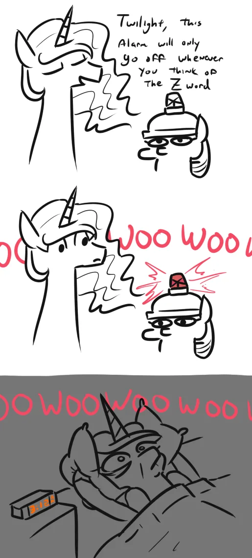 A three-panel comic shows Twilight Sparkle being told by a police officer that an alarm will only go off when she thinks of…