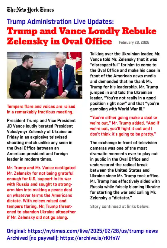 The image is a fake New York Times article dated February 28, 2025, with a photo of Donald Trump and Volodymyr Zelensky in…