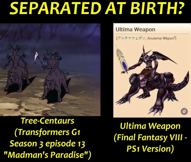 The image displays two side-by-side panels. The left shows two tree-like centaur creatures from Transformers G1, and the…