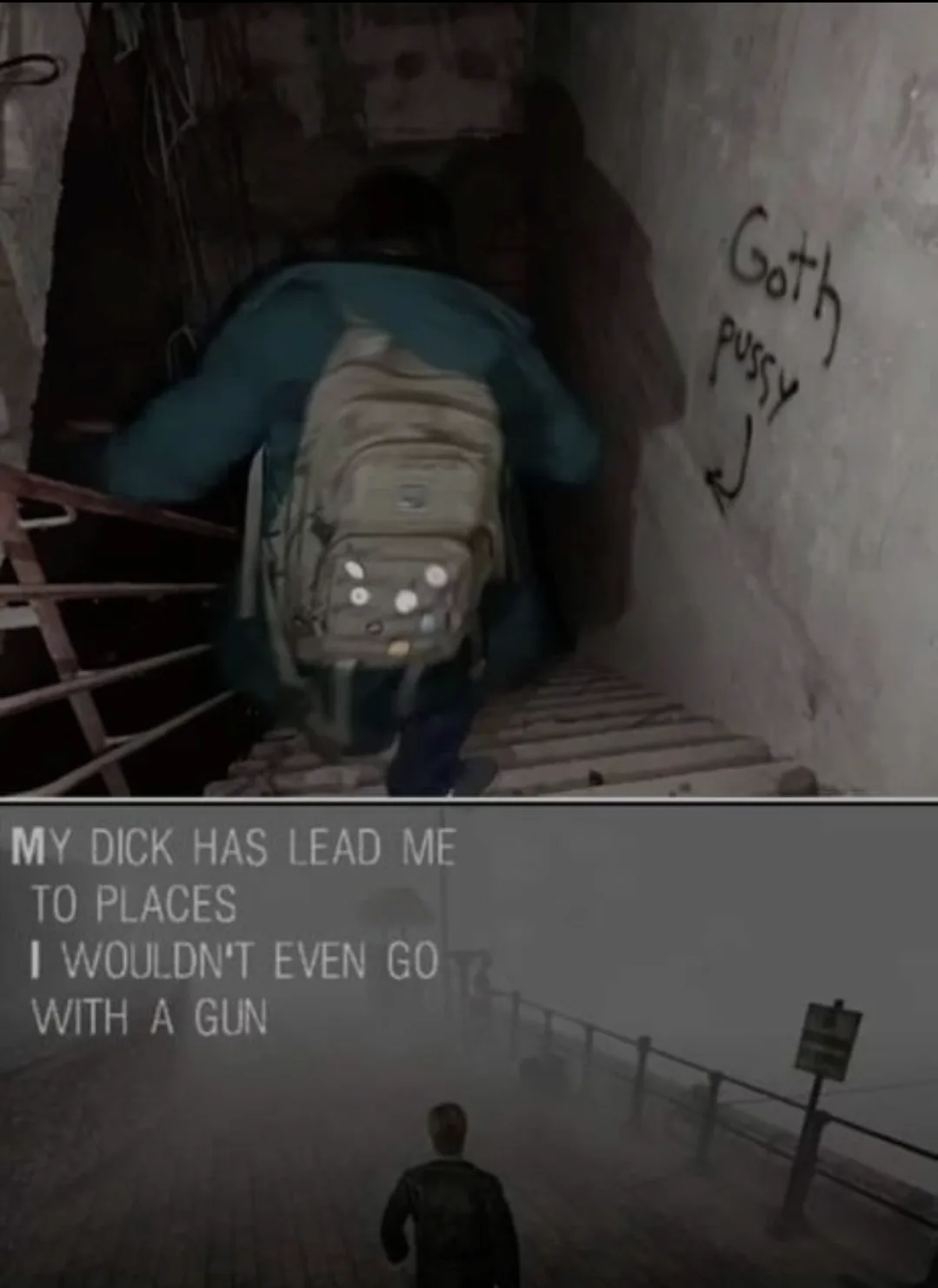 The image is split into two panels. The top panel shows a person from behind, wearing a backpack and climbing a wooden…