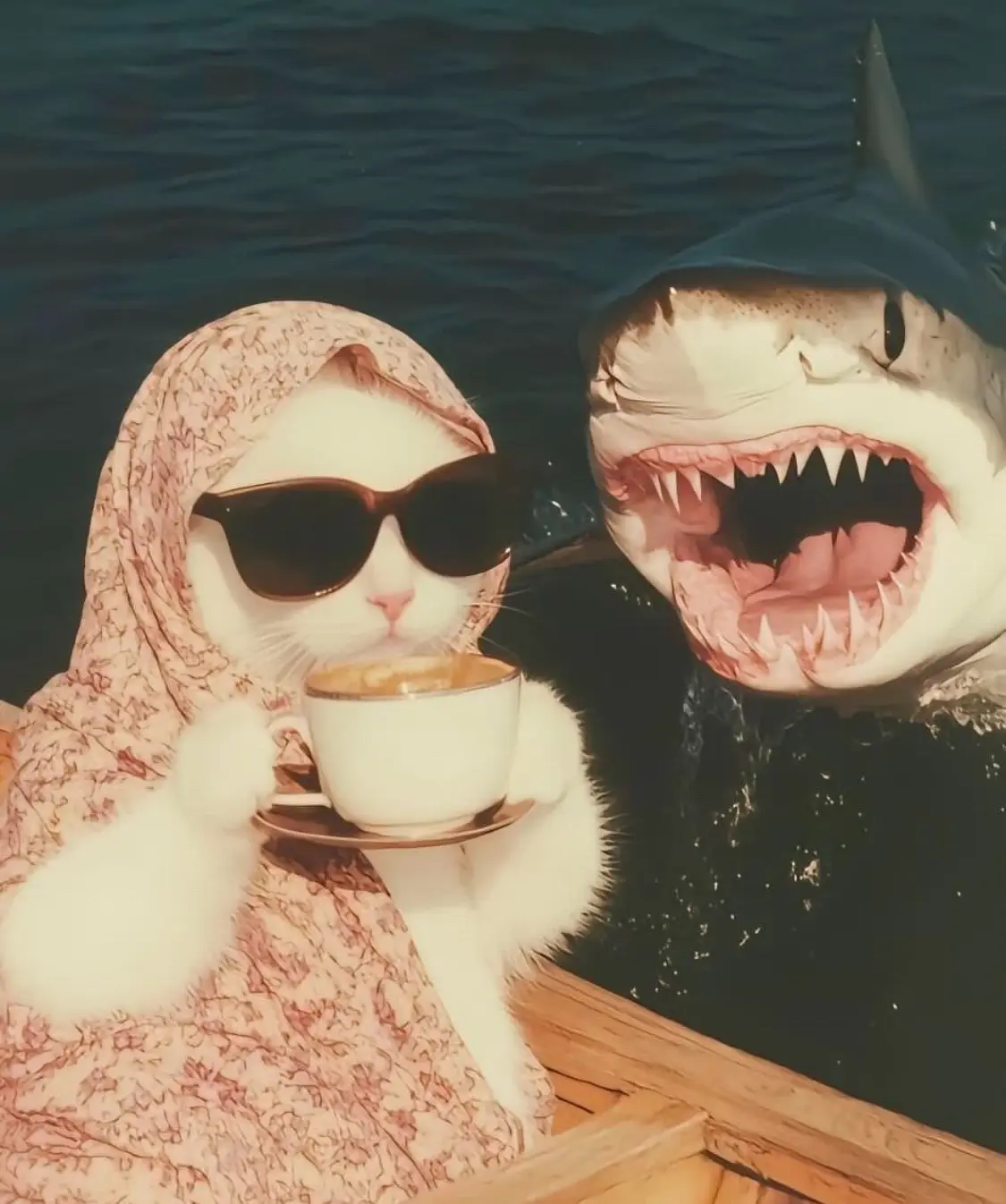 A white cat wearing a patterned hijab and sunglasses calmly holds a teacup and saucer while sitting in a wooden boat on…