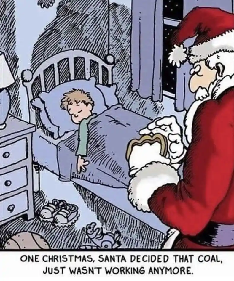 A cartoon depicts Santa Claus in his red suit and hat, standing beside a child's bed at night, holding a small pouch. The…