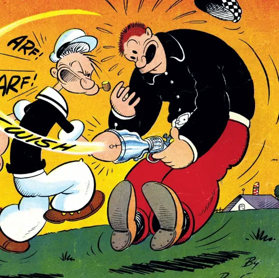 A cartoon depicts Popeye the Sailor Man, in his classic sailor outfit, firing a futuristic-looking ray gun at a large…