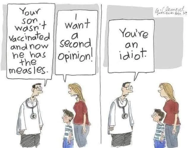 A three-panel comic strip shows a doctor telling a mother her unvaccinated son has measles. The mother demands a second…