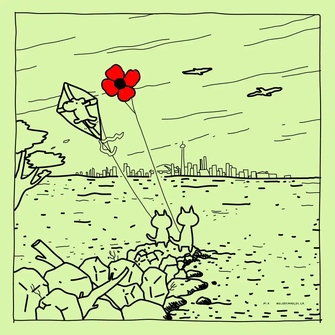 A simple black-and-white line drawing shows two cartoon cats standing on a rocky shoreline, flying a kite shaped like a…