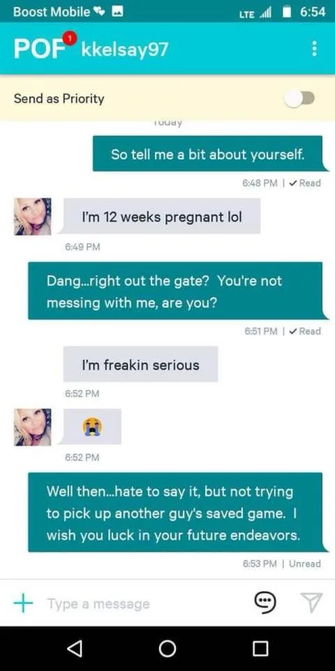 A screenshot of a POF (Plenty of Fish) dating app chat shows a user asking 'So tell me a bit about yourself,' and the other…