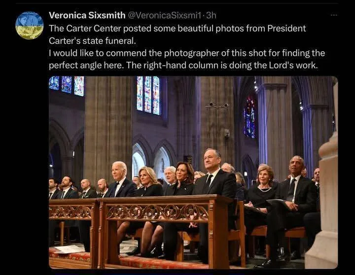 A photo from President Carter's state funeral shows dignitaries seated in a church. The right-hand column of the church…