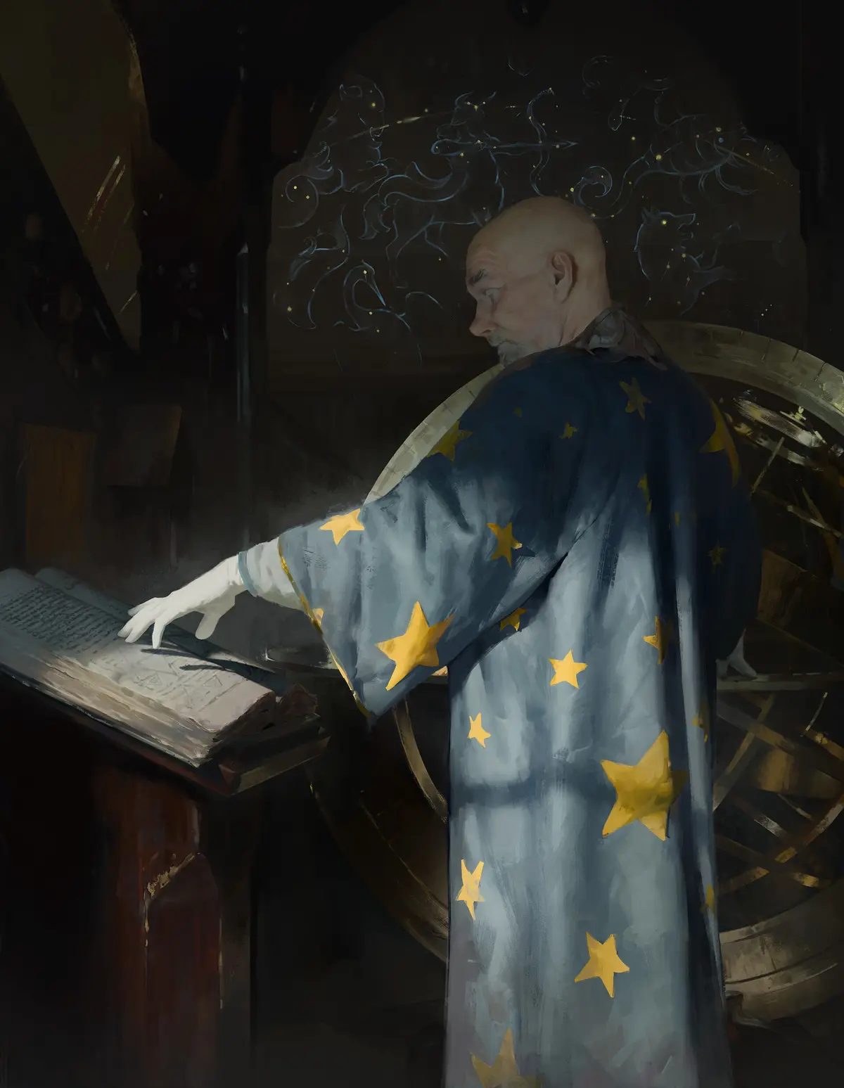 A bald, elderly man in a blue robe adorned with golden stars stands in a dimly lit, scholarly room, pointing at an open book…