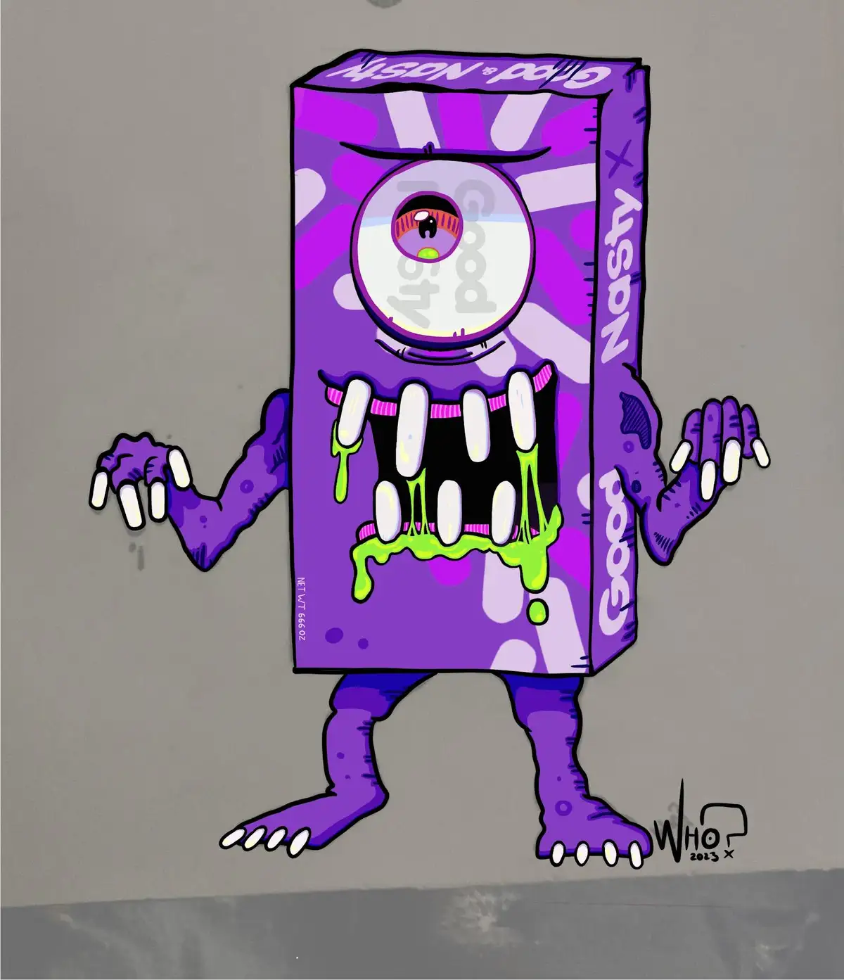 A cartoonish purple monster with one large eye, sharp white teeth dripping green slime, and clawed hands and feet, is…