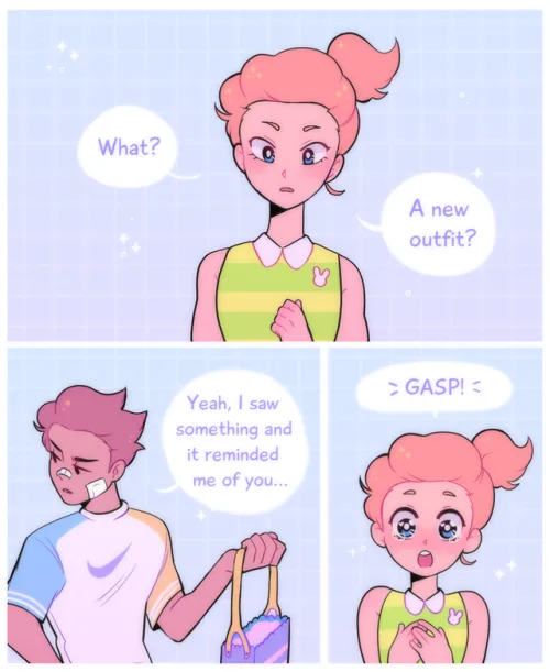 A two-panel comic shows a pink-haired girl looking confused as a boy asks if she has a new outfit. In the second panel, the…