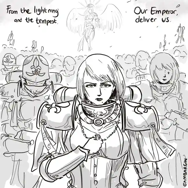 A black-and-white sketch depicts a stern-faced female warrior in ornate armor, holding a small object, surrounded by other…