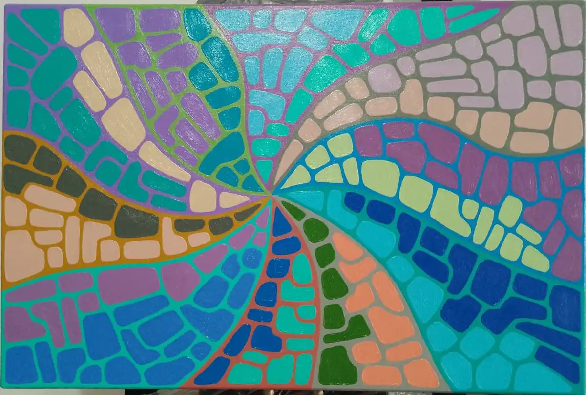A colorful abstract painting features swirling, radiating patterns made of irregular, mosaic-like shapes in shades of teal…